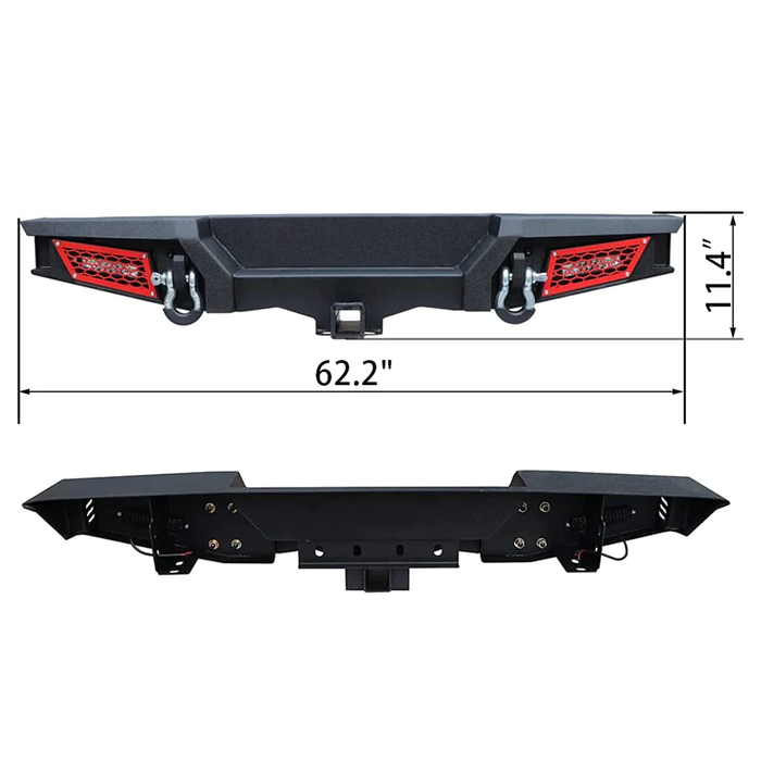 Jeep Rear Bumper Textured Black w/2x 18W LED Lights & Hook Receivers and 2X 4.75T D-Rings Compatible With 2018-2025 Wrangler JL & JLU 4xe