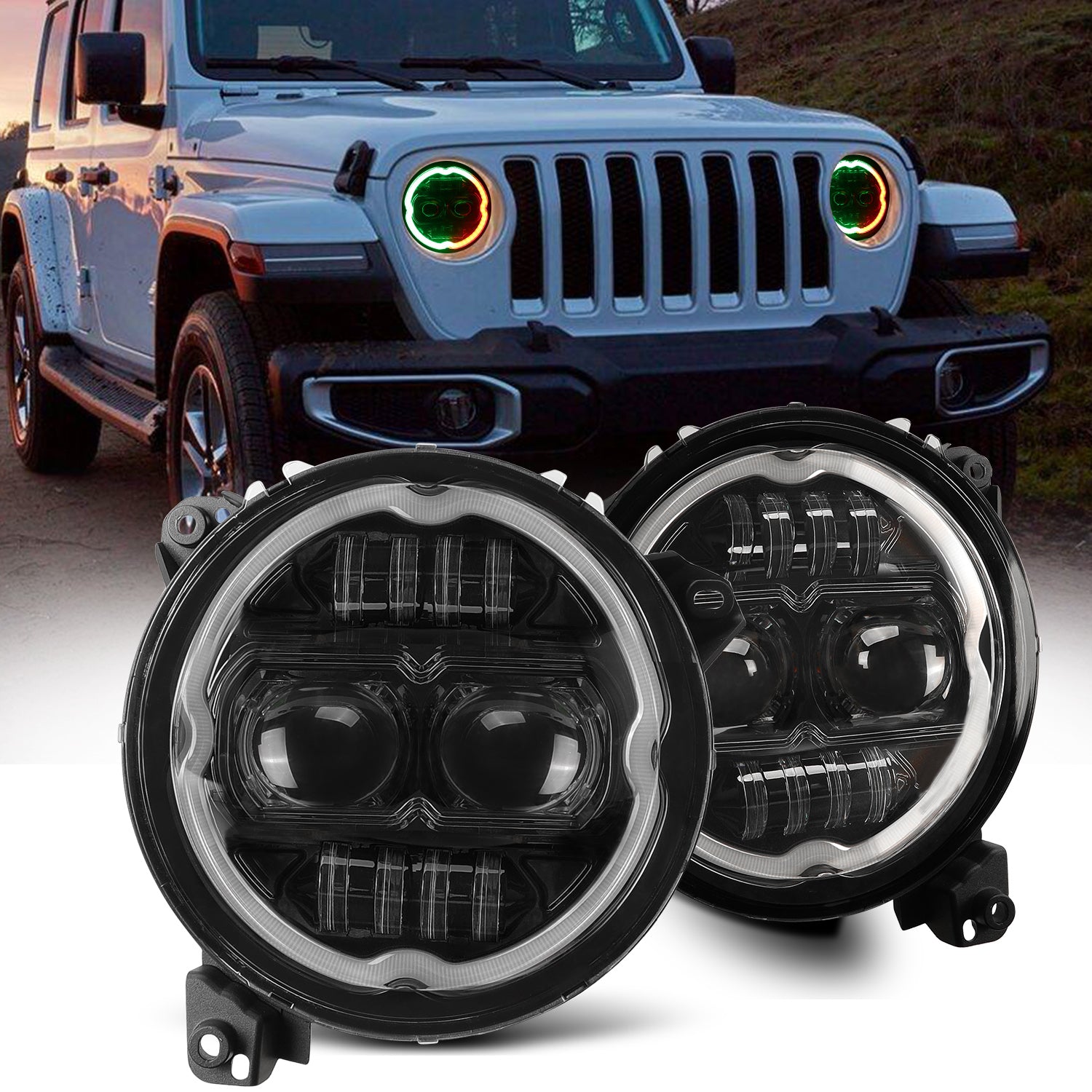 9" Rotating Series RGB Halo LED Headlights with DRL & Turn Signal for 2018+ Jeep Wrangler JL/JLU 4XE & Jeep Gladiator JT (2Pcs/Set)