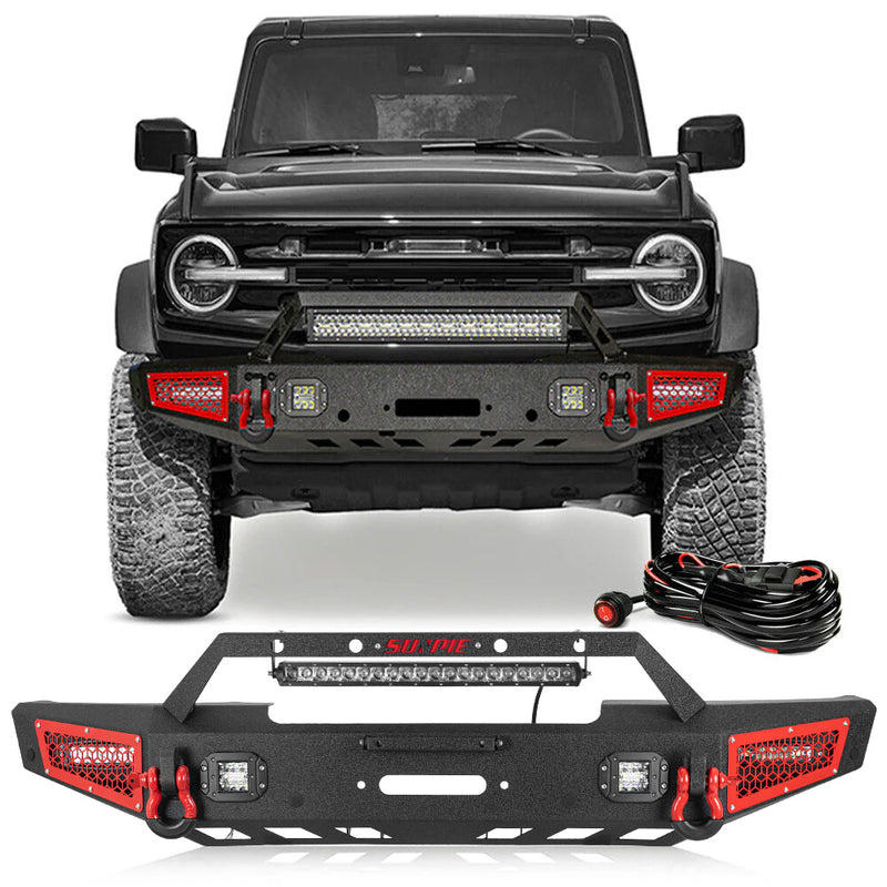 Ford Bronco Steel Front Bumper with Winch Plate and 5 LED Lights D-rings & Sensor Mounting Hole/ACC Mounting Bracket