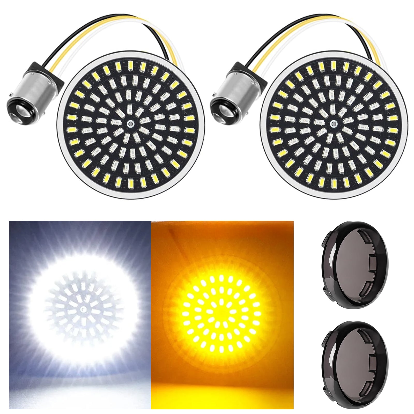 1157 Bullet-Style LED Front Turn Signals (White DRL + Amber Turn Signal) for Harley-Davidson Motorcycles, showing dual color output.