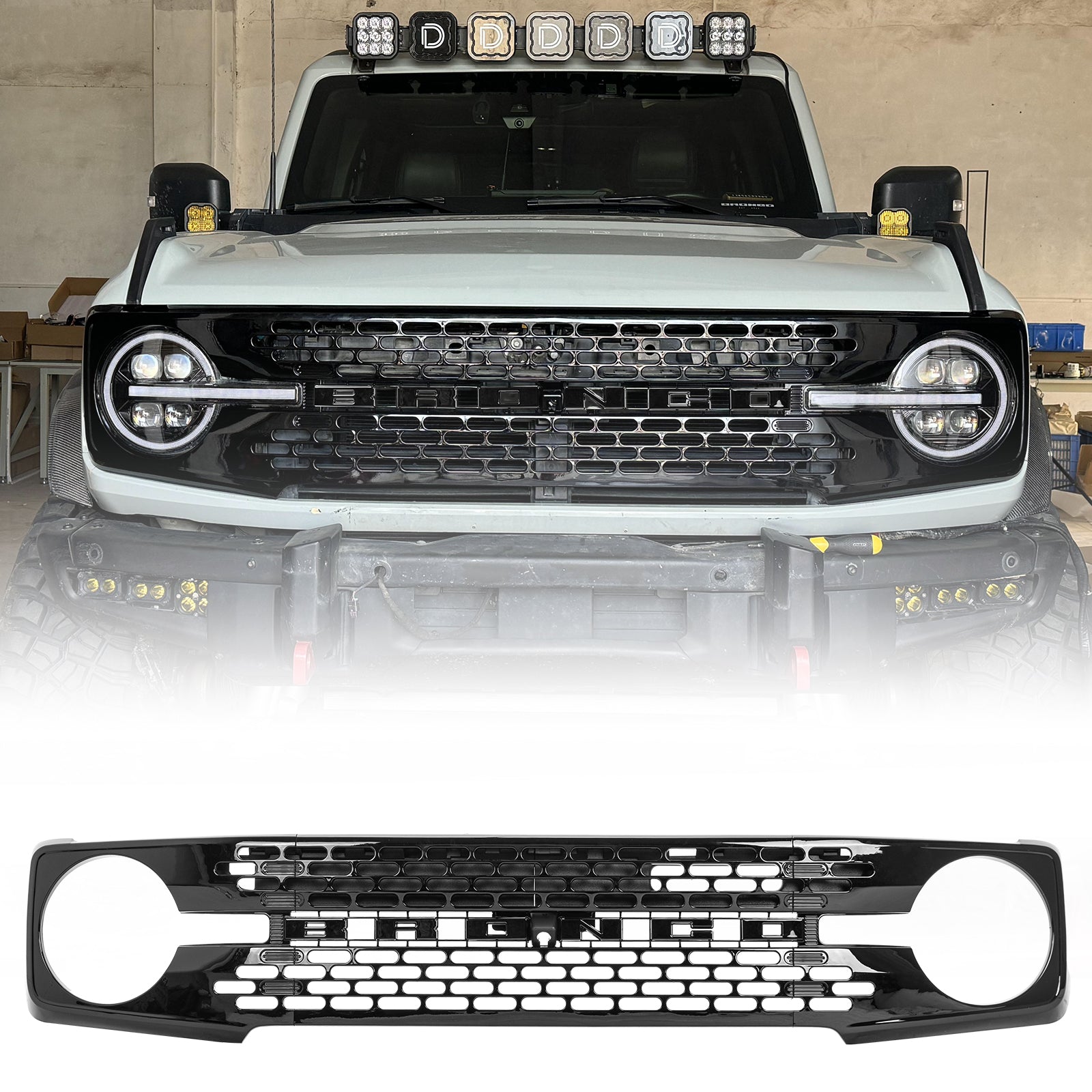 Ford Bronco Gloss Black ABS Grille with Letters and Long Grille Light