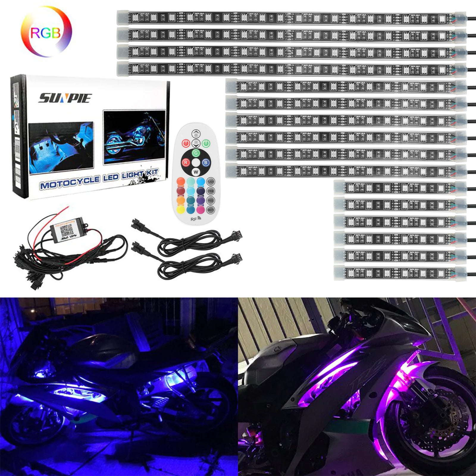 Universal Motorcycle RGB LED Light Kit with Smart App & Wireless Remote Control