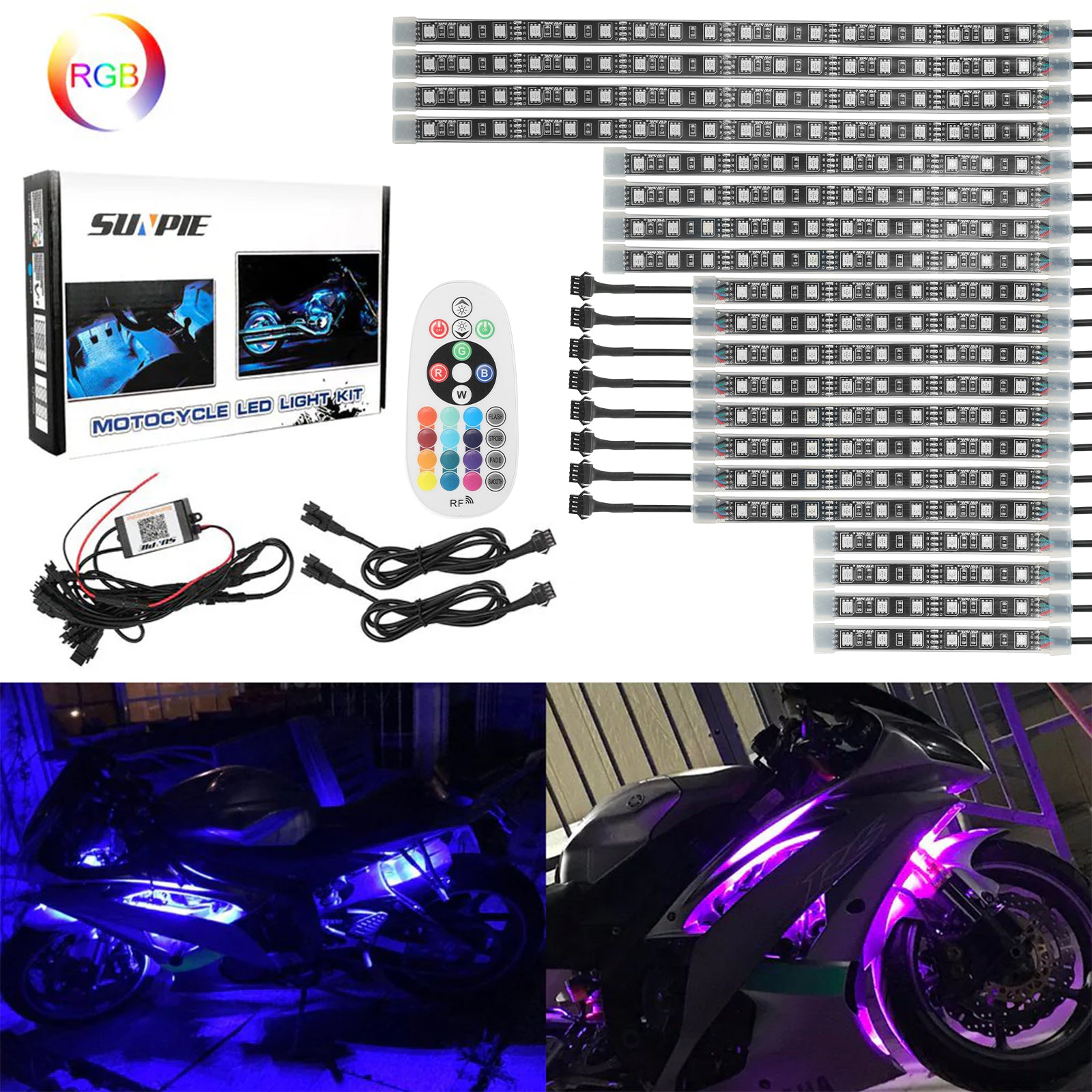 Universal Motorcycle RGB LED Light Kit with Smart App & Wireless Remote Control