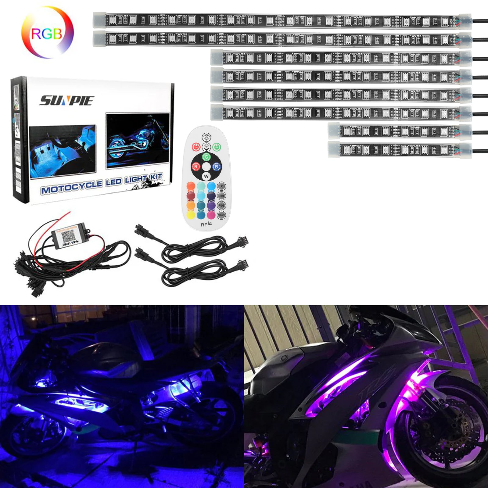 Universal Motorcycle RGB LED Light Kit with Smart App & Wireless Remote Control