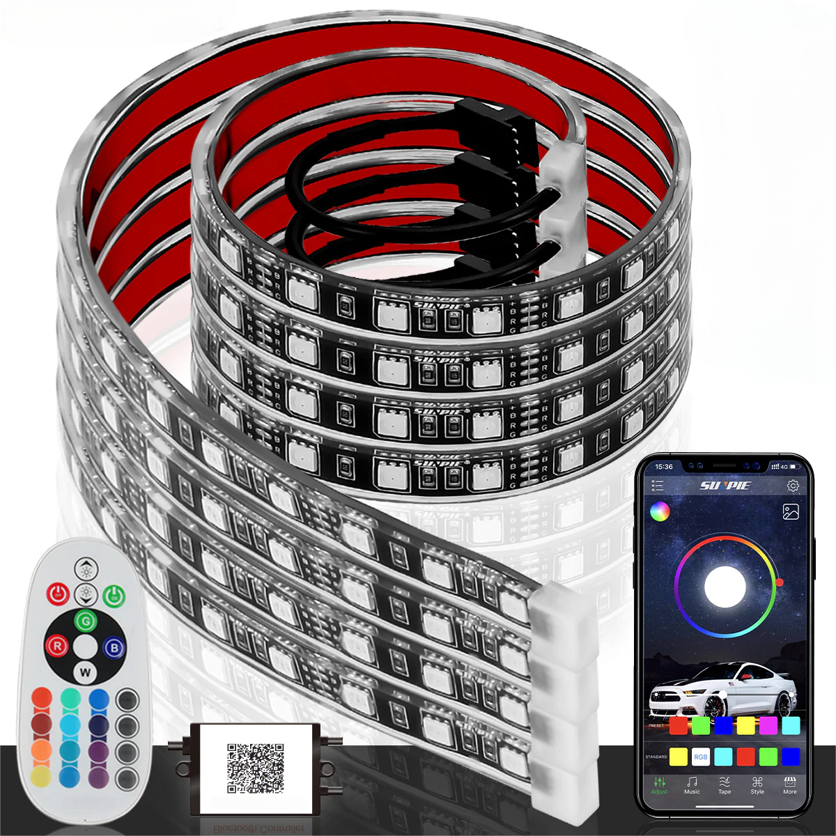 Flexible LED Strip Interior Lighting Underglow Lighting Kit Wheel Well LED Light Kit With function of RGB Color Change, 4 Pieces 24" Multi-Color LED Strips for Vehicle