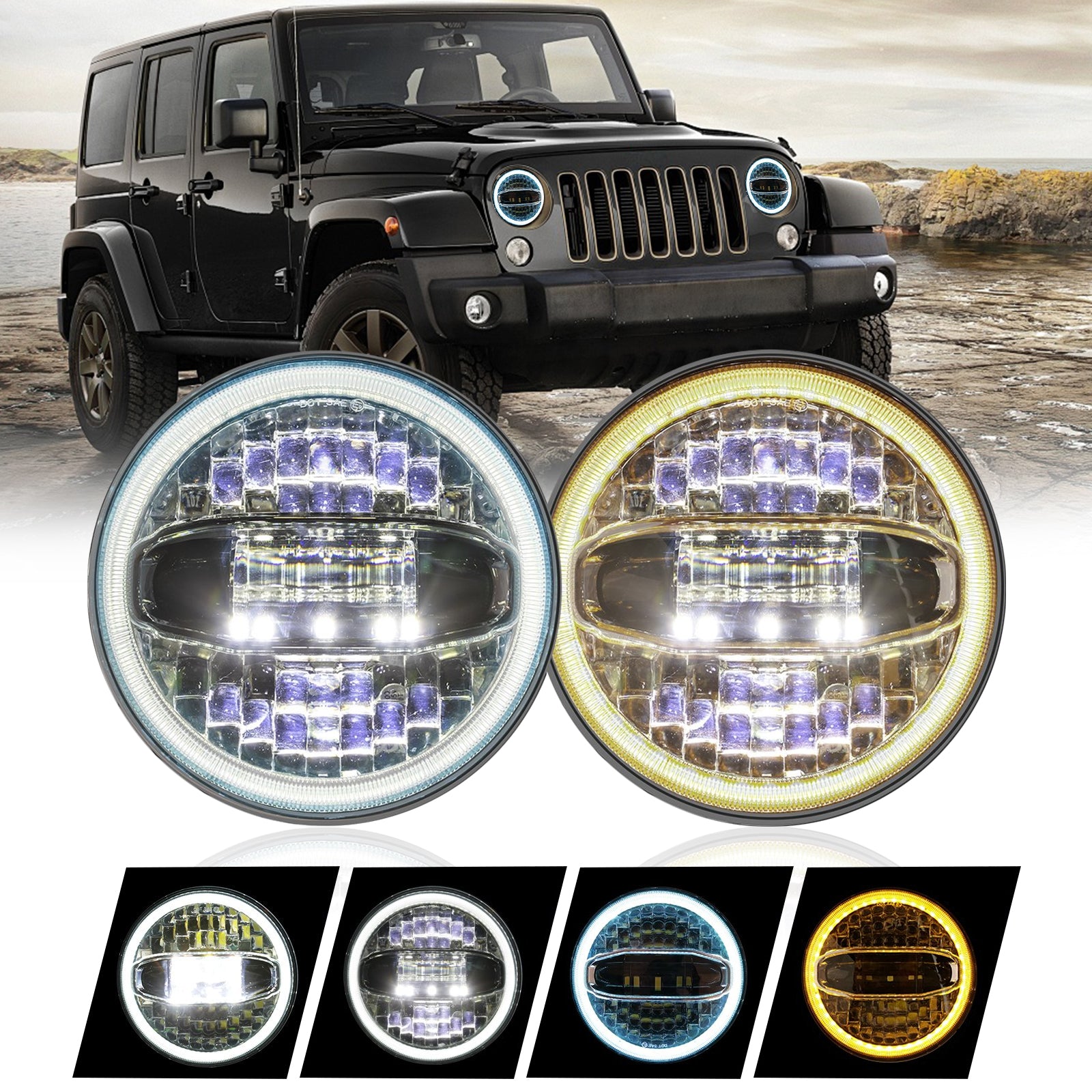 7" 3D Lens LED Halo Headlights (Built-in White DRL & Amber Turn Signal) for 1997-2018 Jeep Wrangler TJ LJ JK JKU(2pcs/set)