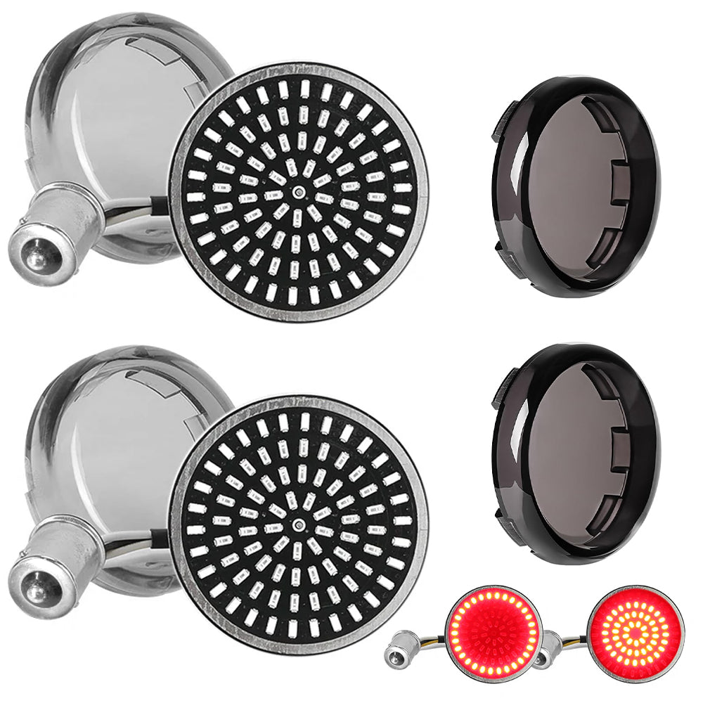 1156 Bullet-Style LED Rear Turn Signals (Red or Amber) for Harley-Davidson Motorcycles 2PCS, showcasing chrome and black designs.