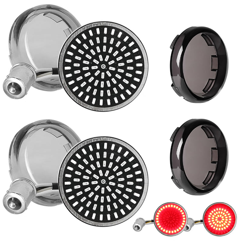 1156 Bullet-Style LED Rear Turn Signals (Red or Amber) for Harley-Davidson Motorcycles 2PCS, showcasing chrome and black designs.