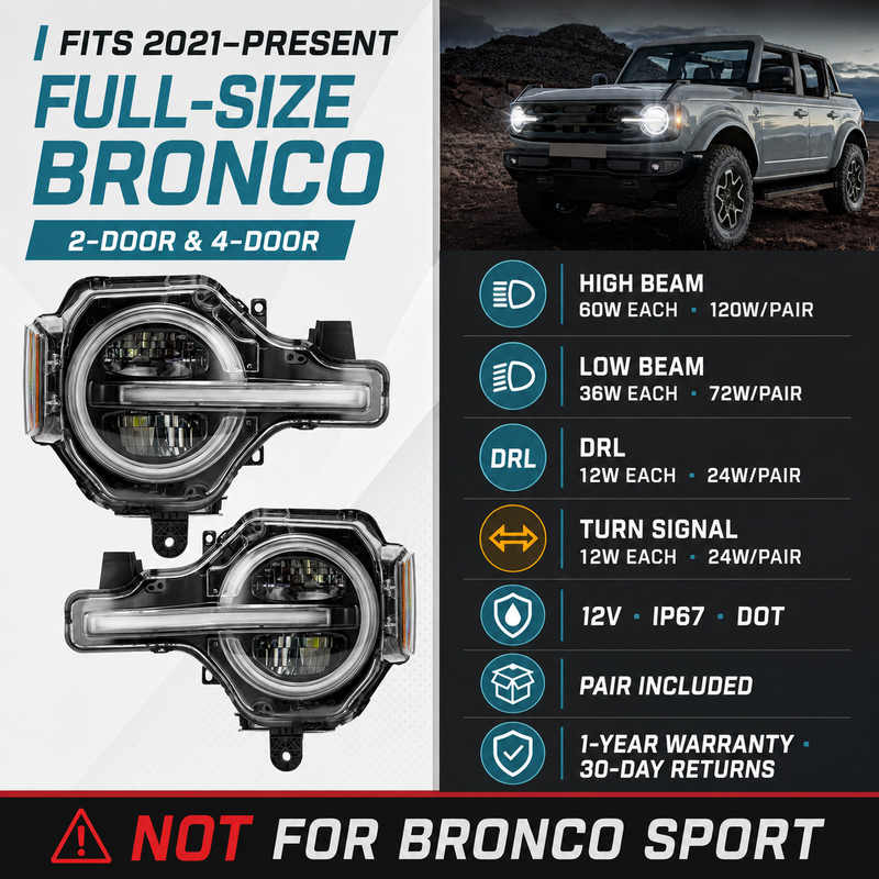 Ford Bronco Full LED Headlights with DRL & Turn Signals for 2021–Present Full-Size Models (Pair)