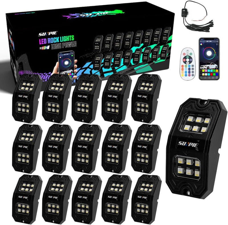 SUNPIE 16 Pods Rectangle Series Upgraded 210 Degrees Wide Angle RGBW LED Rock Lights App/Remote Control for Off Road Truck SUV ATV UTV Boats