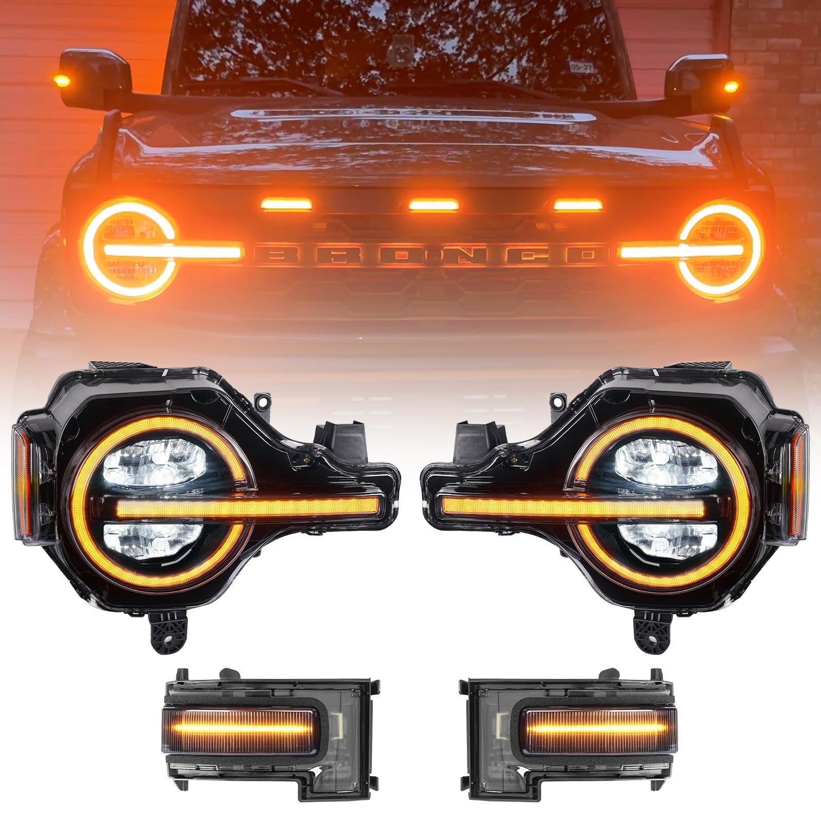 Bronco LED Headlight & LED Side Mirror Light Combo Kit with Sequential DRL & Turn Signals