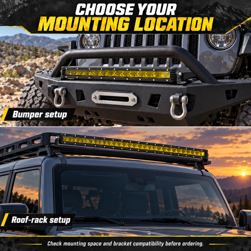 Yellow Single-Row LED Off-Road Light Bar with Mounting Brackets, 7–48 Inch
