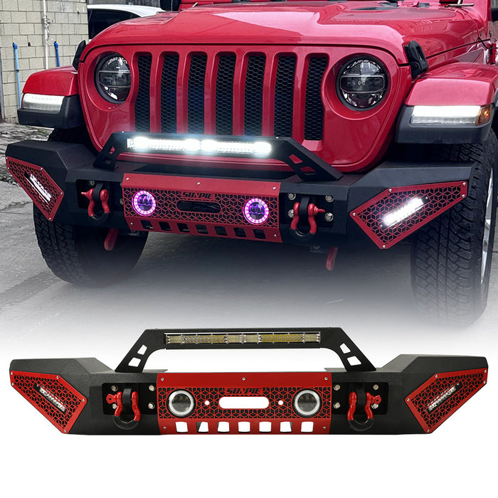 Jeep Wrangler Textured Black Front Bumper with 3 LED Work Lights & 4" RGBW Fog Lights 2 D-Rings & Winch Plate for JK/JKU JL/JLU Jeep Gladiator JT