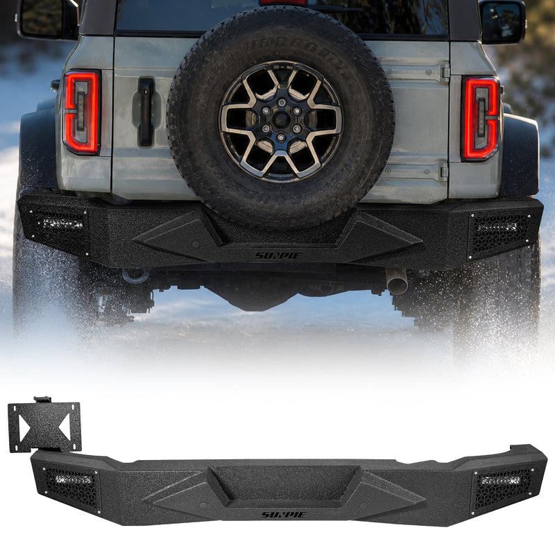 Full-Width Steel Rear Bumper with LED Work Lights, Sensor Holes & License Plate Bracket for 2021–Present Ford Bronco