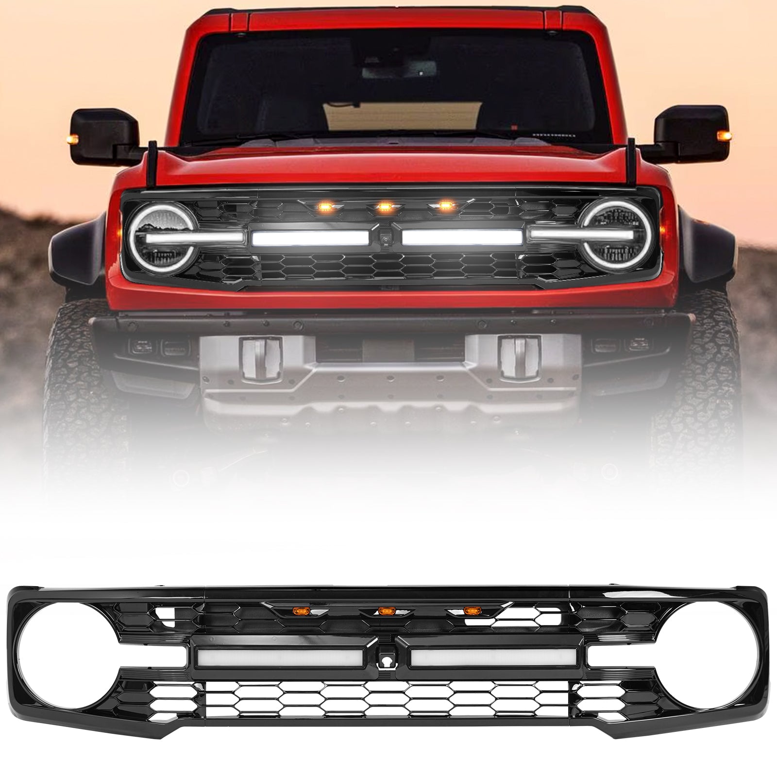 Gloss Black ABS Ford Bronco Grille with Letters, Amber Grille Lights & White DRL