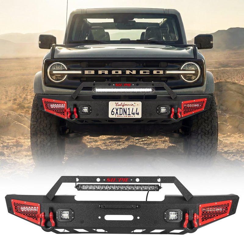 Ford Bronco Steel Front Bumper with Winch Plate and 5 LED Lights D-rings & Sensor Mounting Hole/ACC Mounting Bracket
