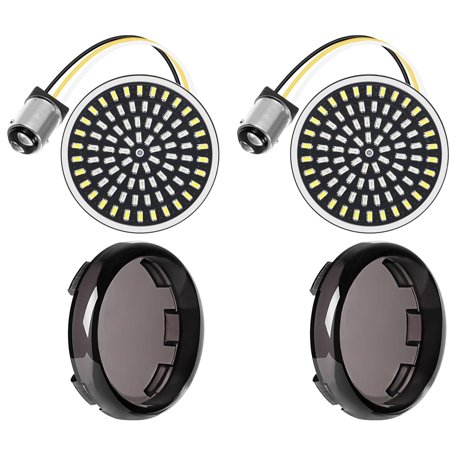 1157 Bullet-Style LED Front Turn Signals (White DRL + Amber Turn Signal) for Harley-Davidson Motorcycles and lens covers.