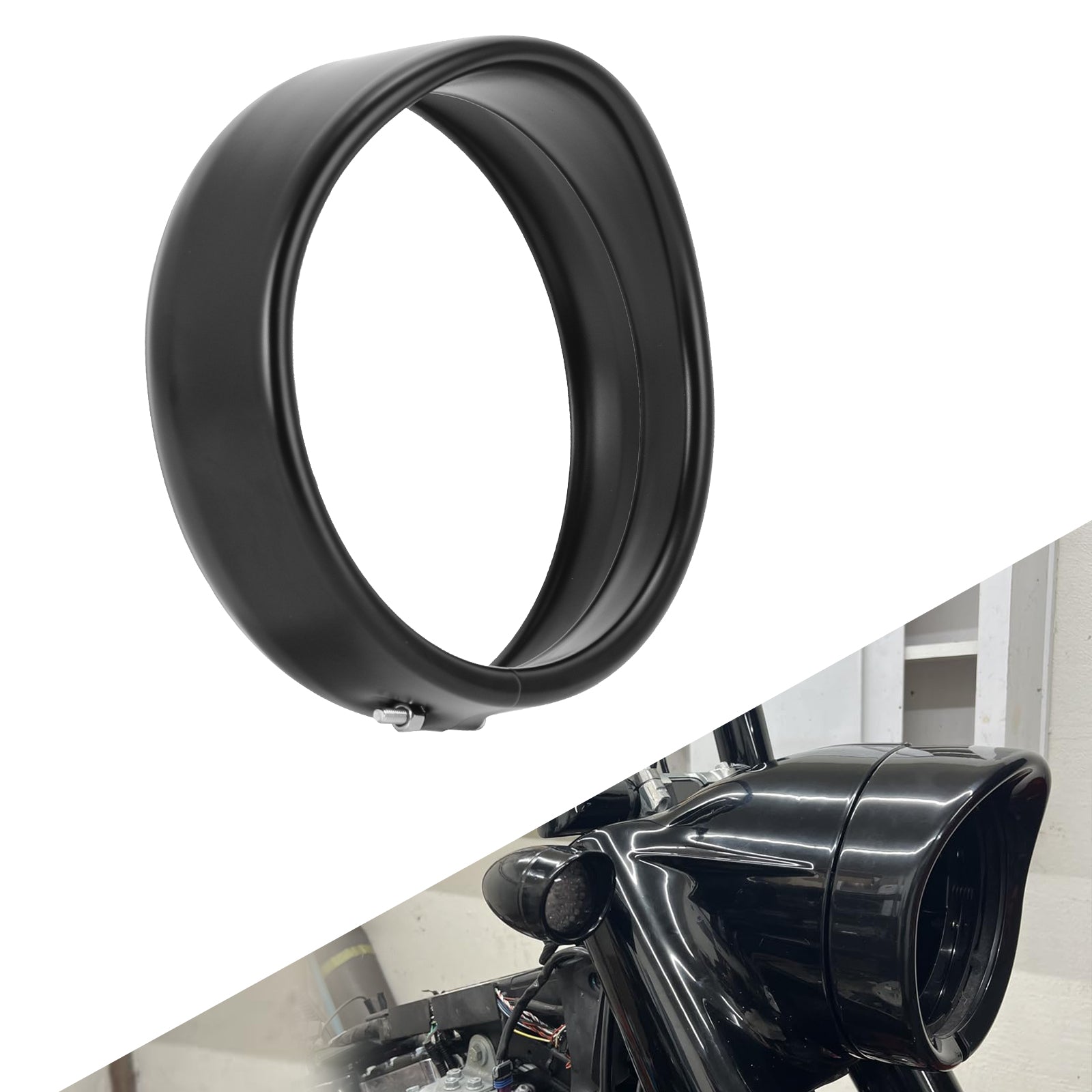 Premium 5.75" Visor-Style Headlight Trim Ring for Harley-Davidson in gloss black finish, showcasing custom motorcycle upgrade.
