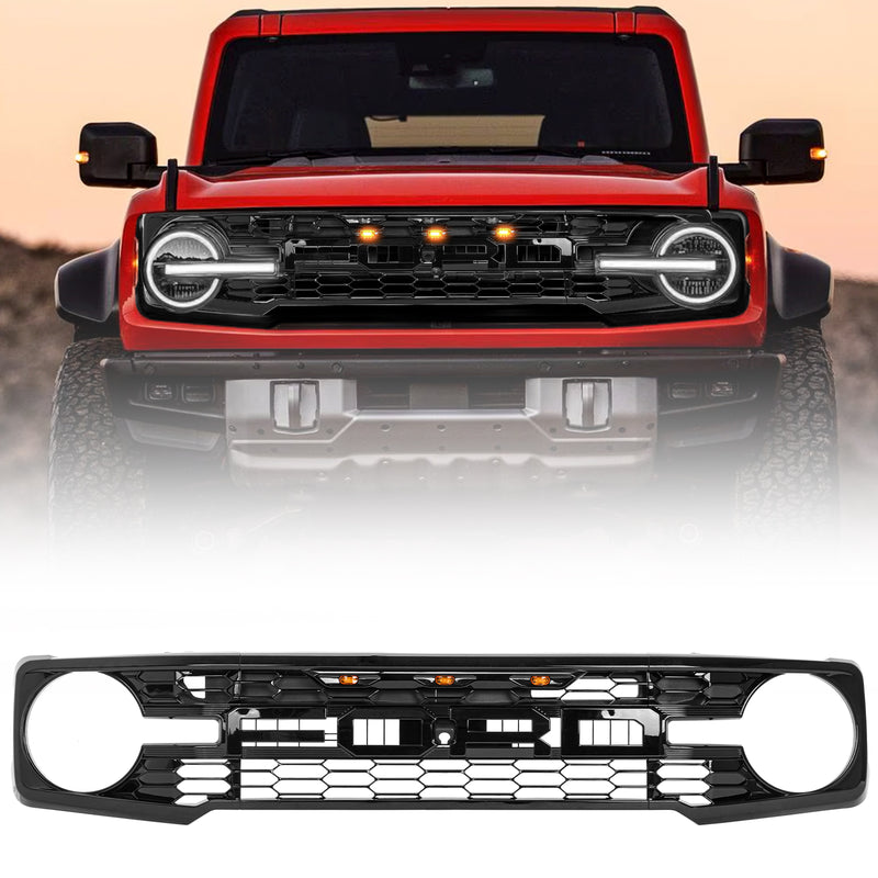 Gloss Black ABS Ford Bronco Grille with Letters, Amber Grille Lights & White DRL