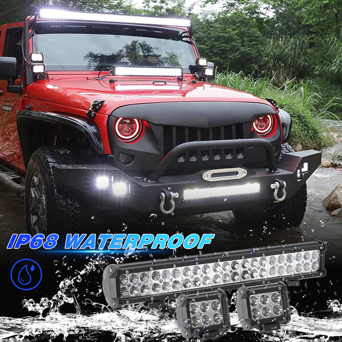 20 Inch 126W Two-Rows Spot & Flood Combo LED Light Bar and 2pcs 4 Inch 18W LED Work Light Pods w/Wiring Harness