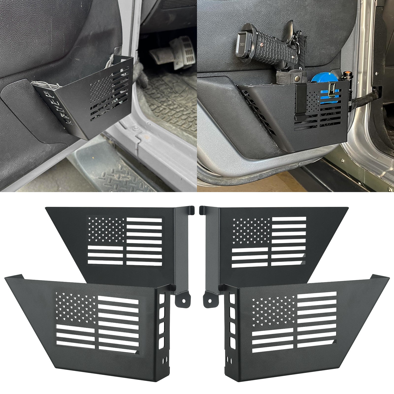 Jeep Wrangler Metal Front & Rear Door Storage Box for 2007-2018 Jeep Wrangler JK JKU 2/4 Door (4PCS) mounted in vehicle.