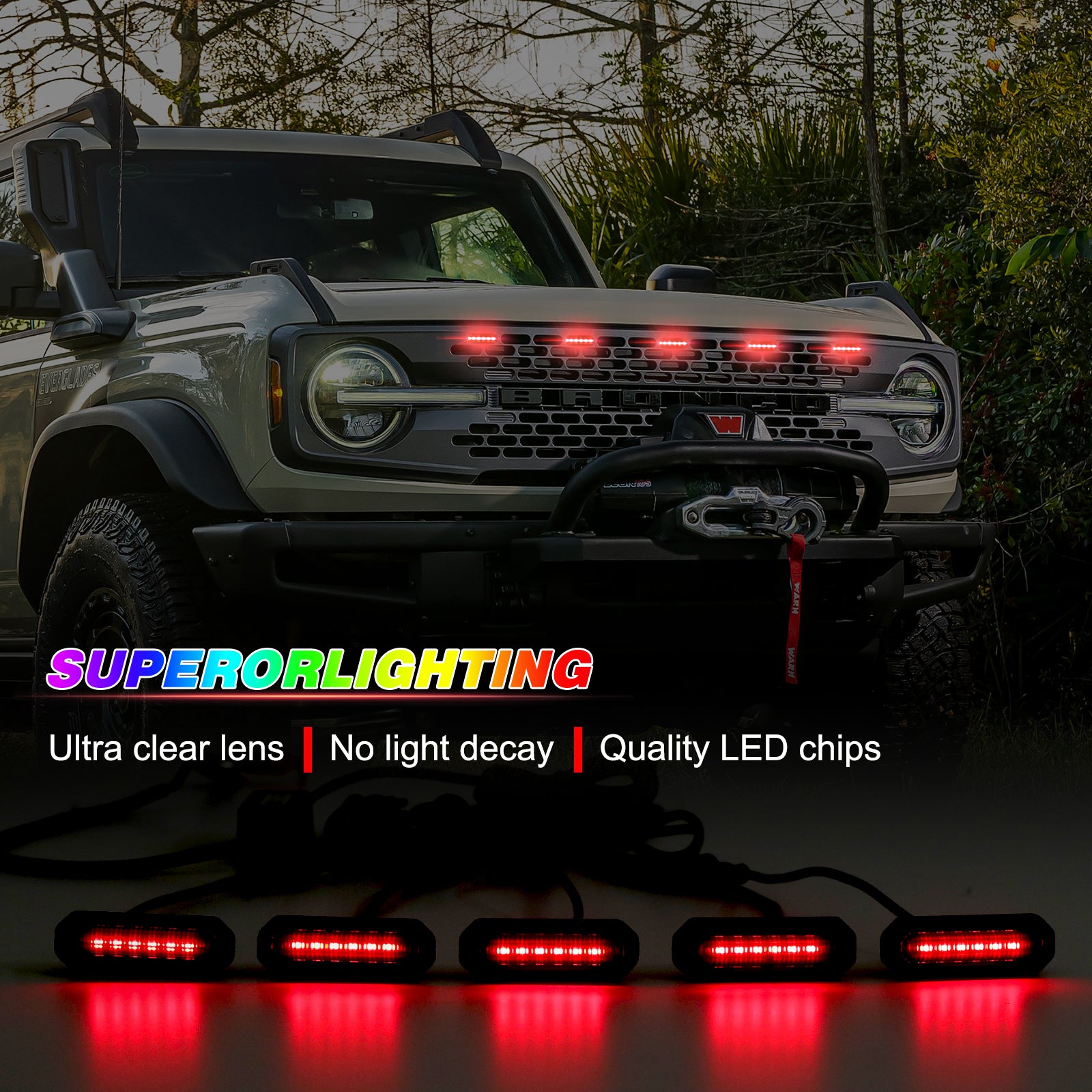 5PC RGB LED Grille Lights with App Control for 2021-2026 Ford Bronco 2/4 Doors Badlands/Wildtrak/Everglades
