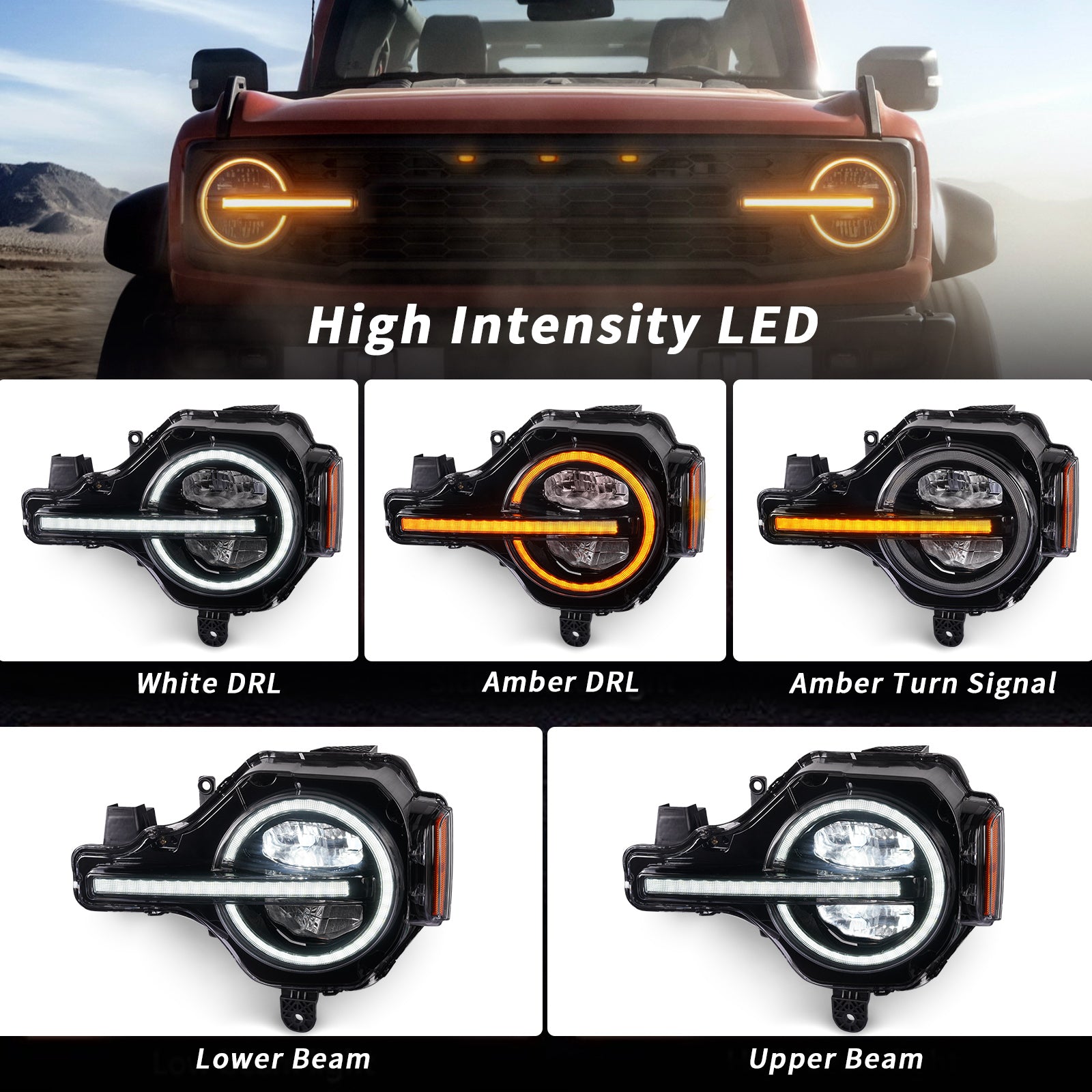 LED Headlights Assembly for 2021-2026 Ford Bronco with DRL and Amber Sequential Turn Signal (2Pcs/Set)