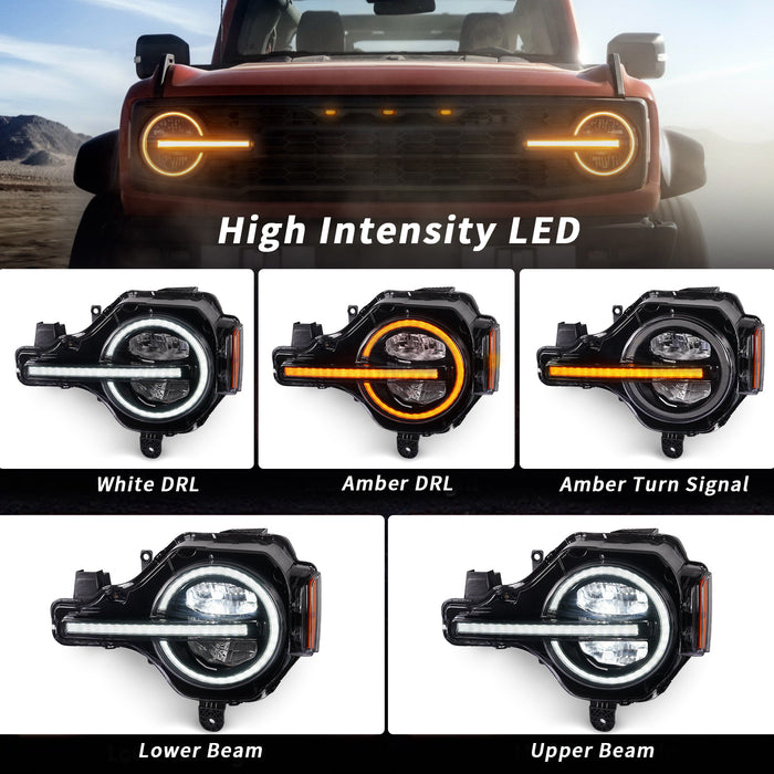 LED Headlights Assembly for 2021-2024 Ford Bronco with DRL and Amber Sequential Turn Signal (2Pcs/Set)