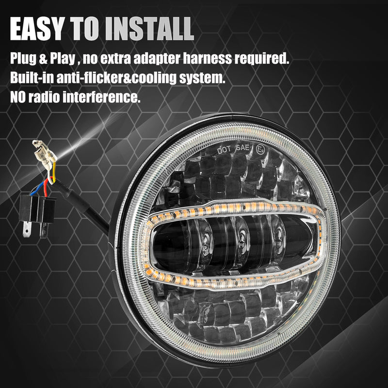 7-Inch 5D Lens LED Headlight Kit with DRL, Mounting Bracket & Wiring Adapters for Harley, Indian & Yamaha