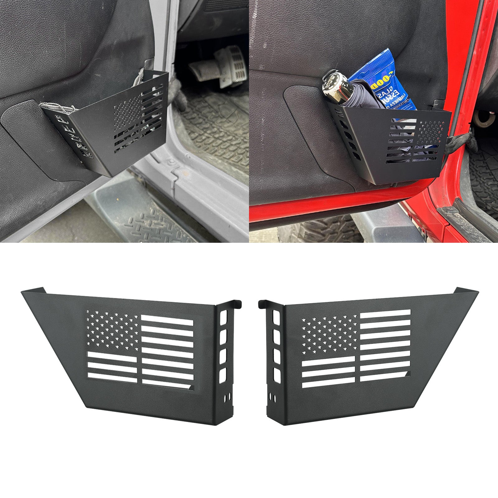 Jeep Metal Front Door Storage Box for '07-'18 Jeep Wrangler JK JKU 2/4 Door (2PCS) installed for easy access and organization.
