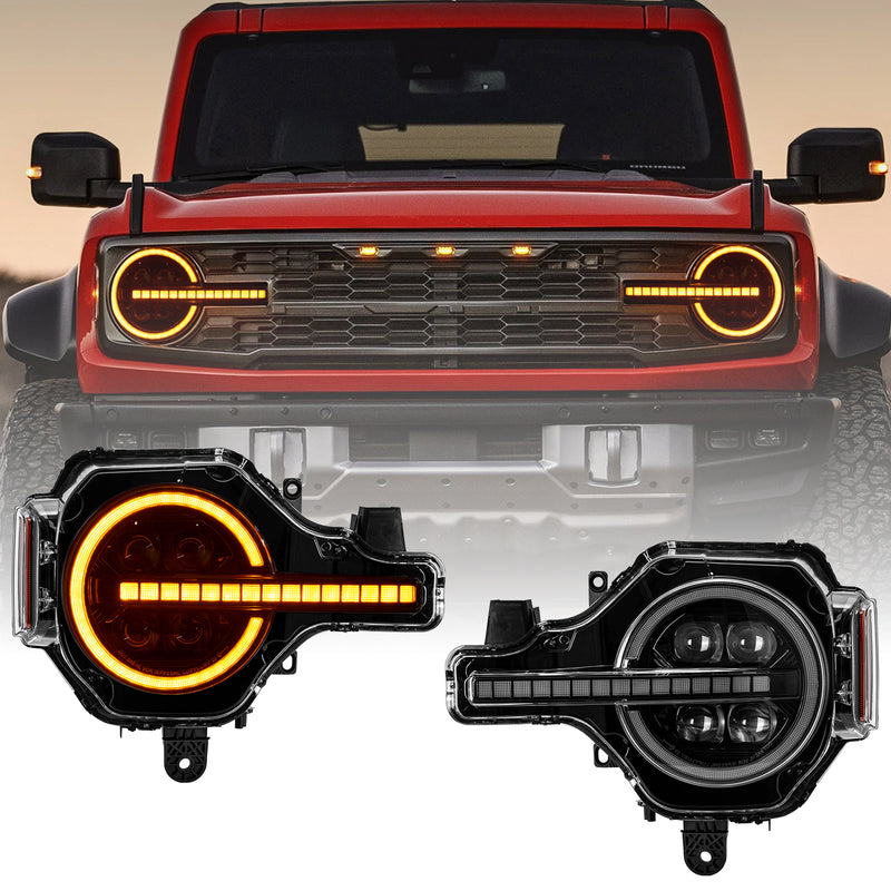 Upgraded App-Controlled Quad-Projector LED Headlights with Sequential DRL & Turn Signals for 2021–Present Ford Bronco (Pair)