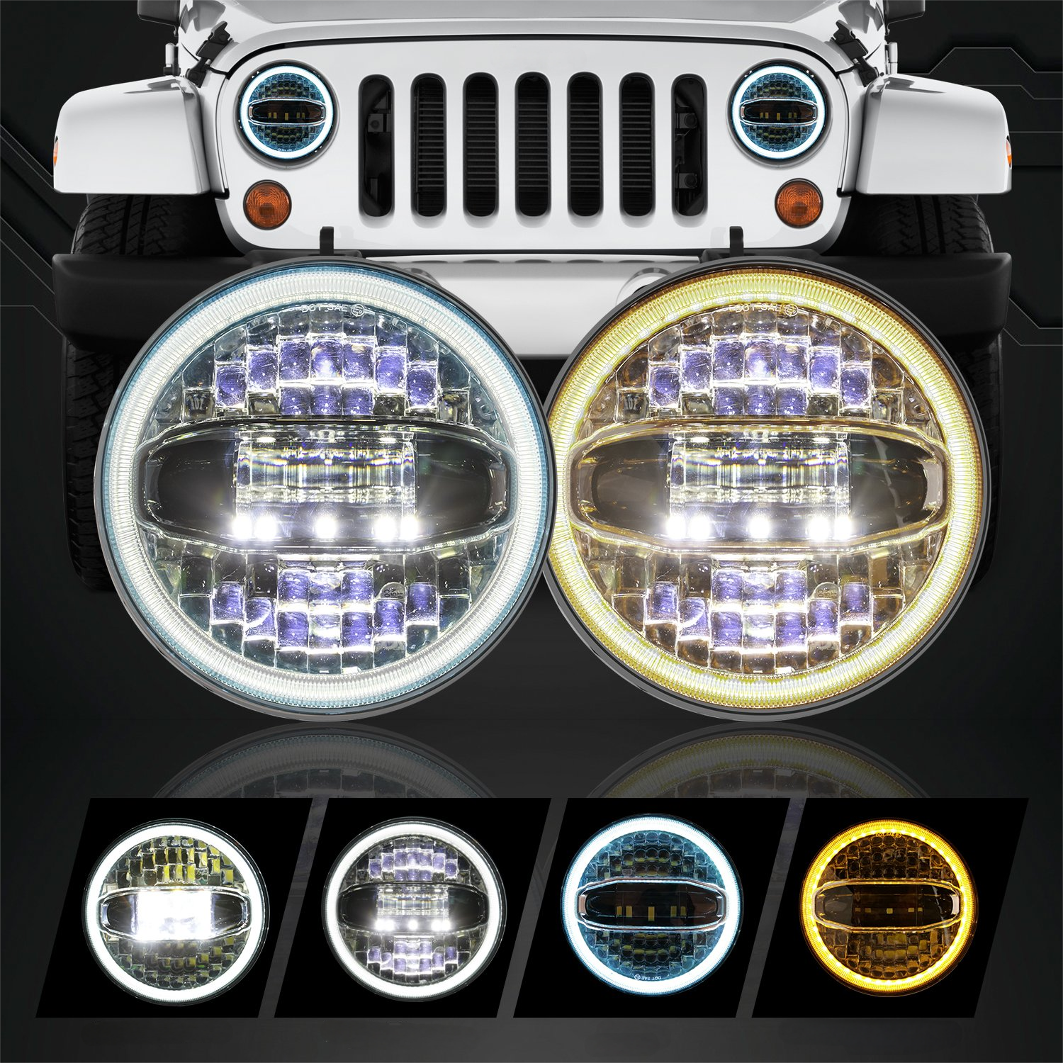 7" 3D Lens LED Halo Headlights (Built-in White DRL & Amber Turn Signal) for 1997-2018 Jeep Wrangler TJ LJ JK JKU(2pcs/set)