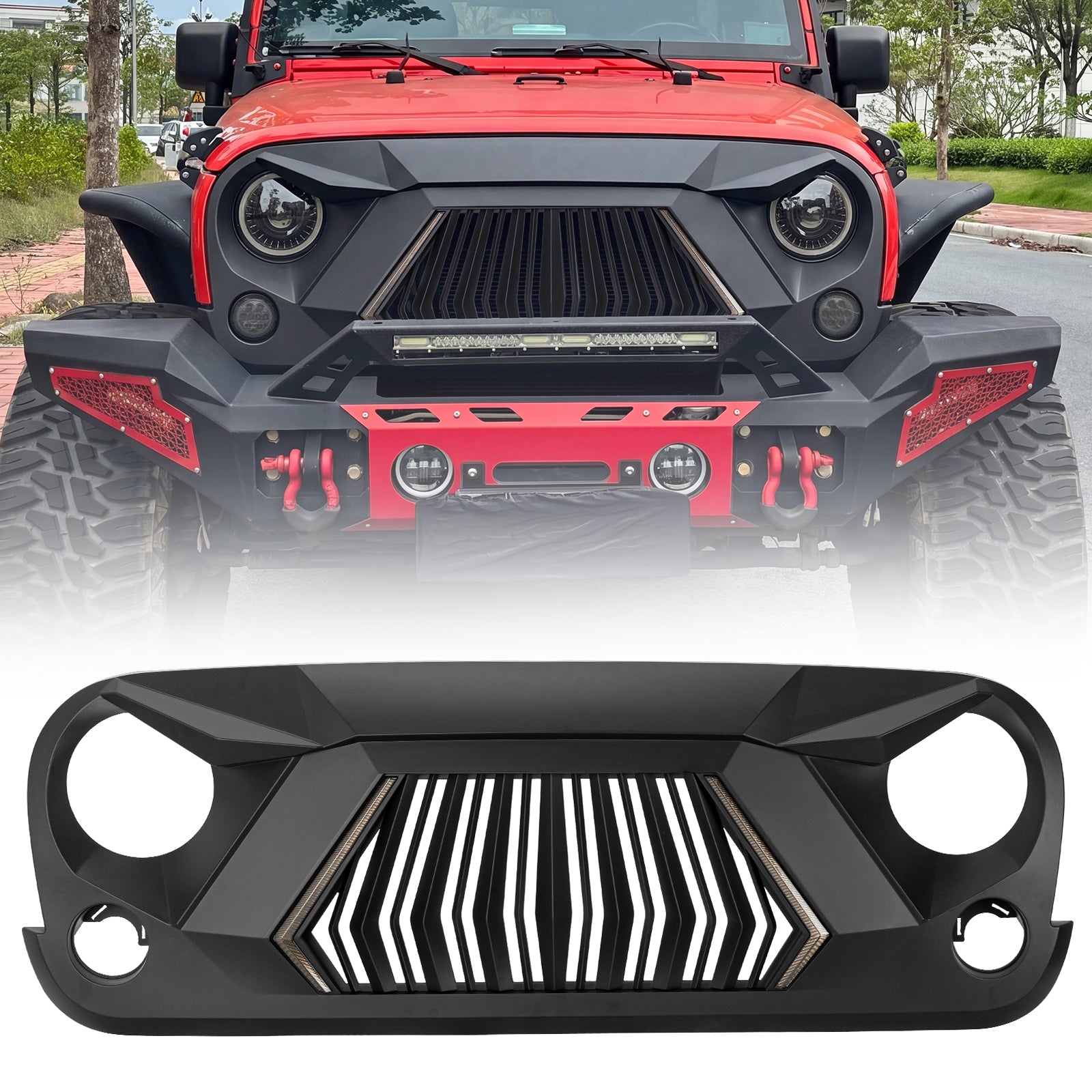 Aggressive Shark Grille with Integrated LED DRL & Turn Signals Compatible with 2007-2018 Jeep Wrangler JK JKU