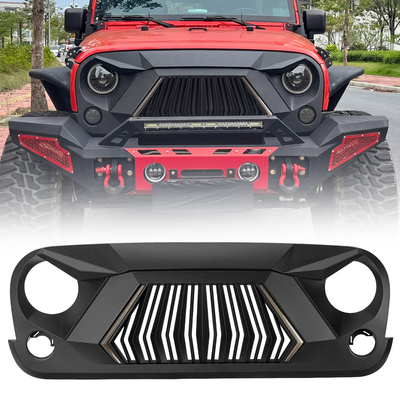 Aggressive Shark Grille with Integrated LED DRL & Turn Signals Compatible with 2007-2018 Jeep Wrangler JK JKU