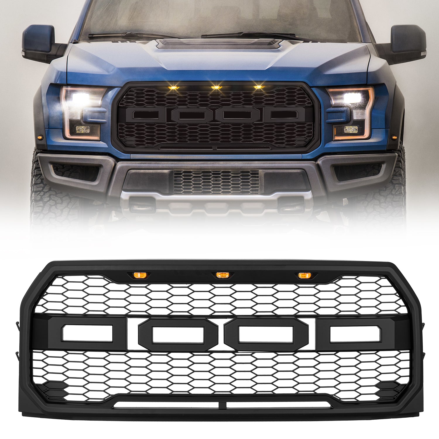 Raptor Style Front Grille for Ford F-150 (2015-2017) with Amber LED Lights & Letters
