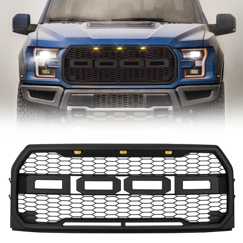 Raptor Style Front Grille for Ford F-150 (2015-2017) with Amber LED Lights & Letters