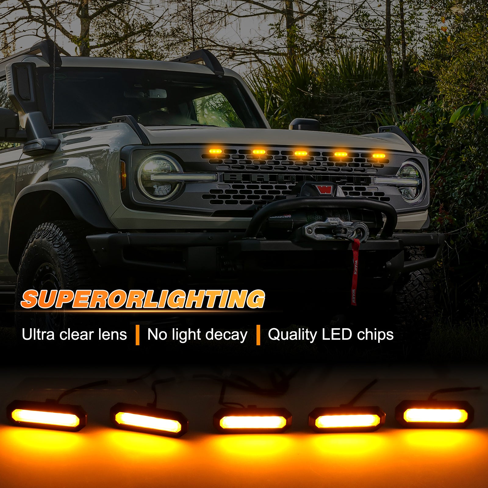 5PCS LED Grille Lights Amber & Smoked with Wiring Harness for 2021-2026 Ford Bronco 2/4 Doors Badlands/ Wildtrak/ Everglades