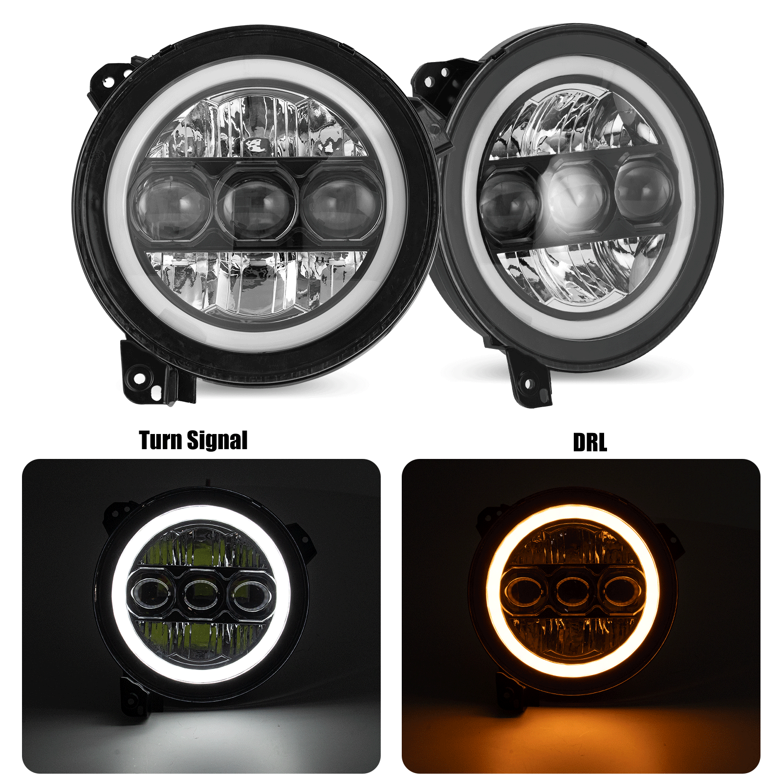 9" 90W LED Headlight with Triple Lens Design, Built-in Halo DRL & Turn Signal for '18-'26 Jeep Wrangler JL 4xe & Jeep Gladiator JT (2pcs/set)