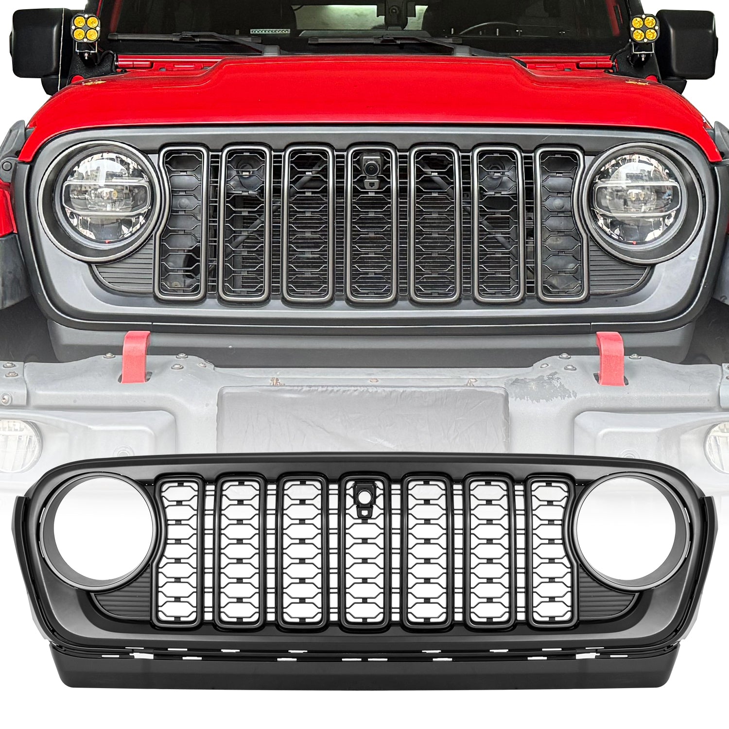 Custom Fit ABS Front Grille with Camera Opening for 2018–2026 Wrangler JL/JLU, 4xe & Gladiator JT – Aftermarket Replacement