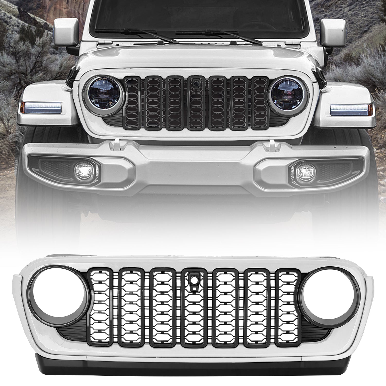 Custom Fit ABS Front Grille with Camera Opening Compatible with 2018–2026 Wrangler JL/JLU, 4xe & Gladiator JT – Aftermarket Replacement