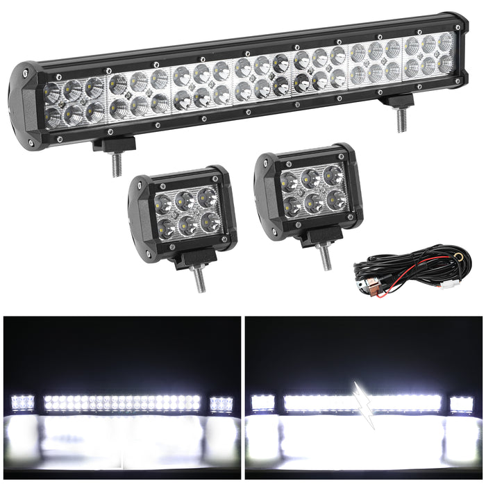 20 Inch 126W Two-Rows Spot & Flood Combo LED Light Bar and 2pcs 4 Inch 18W LED Work Light Pods w/Wiring Harness