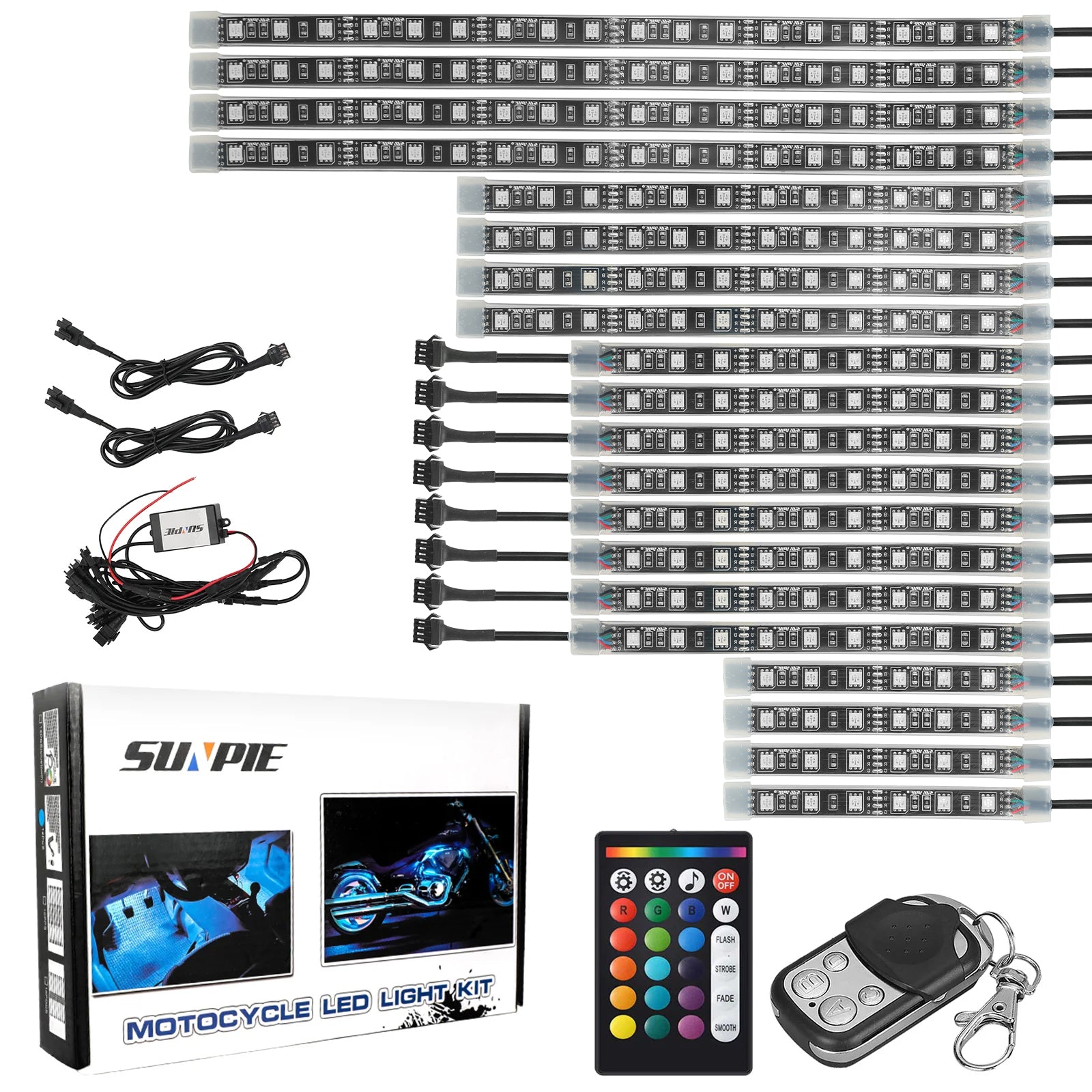 Universal Motorcycle RGB LED Light Kit with Dual Remotes (Advanced Rectangular Controller & 4-Key Keychain)