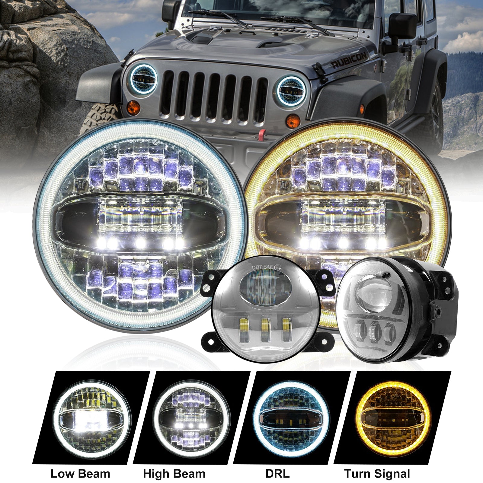7" Halo LED Headlights & 4" Fog Lights 3D Lens with White DRL & Amber Turn Signal Combo Kit for 2007-2018 Jeep Wrangler JK JKU