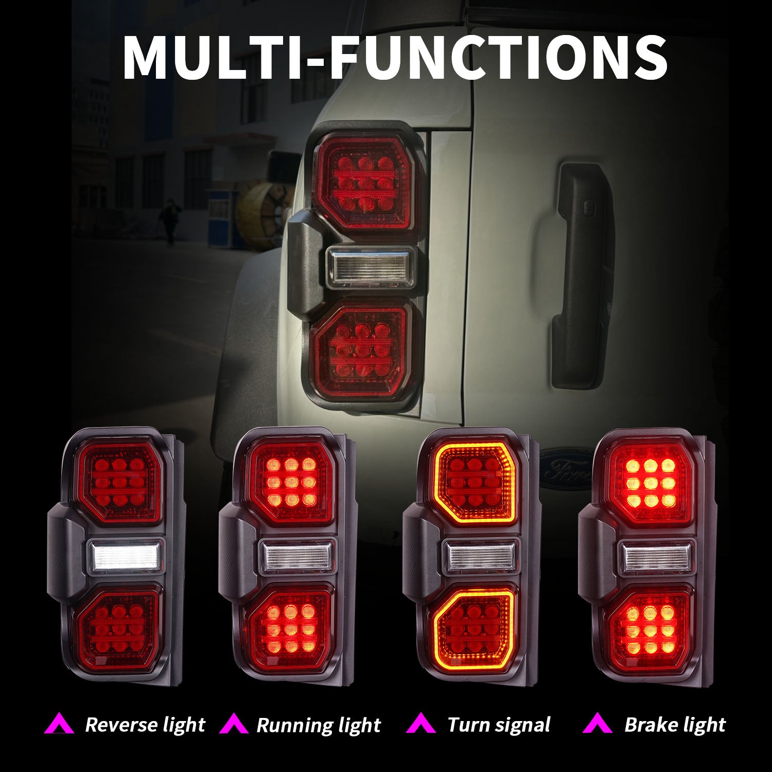 LED Tail Lights Assembly Red Lens with Brake Lights & Turn Signals Reverse Lights & Running Lights for 2021-2026 Ford Bronco (2Pcs/Set)