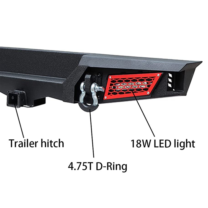 Jeep Rear Bumper Textured Black w/2x 18W LED Lights & Hook Receivers and 2X 4.75T D-Rings Compatible With 2018-2025 Wrangler JL & JLU 4xe