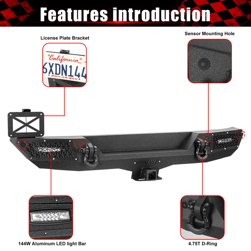 '07-'18 Jeep Wrangler JK JKU Rear Bumper with 2" Hitch Receiver & LED Lights (6 Colors Available)