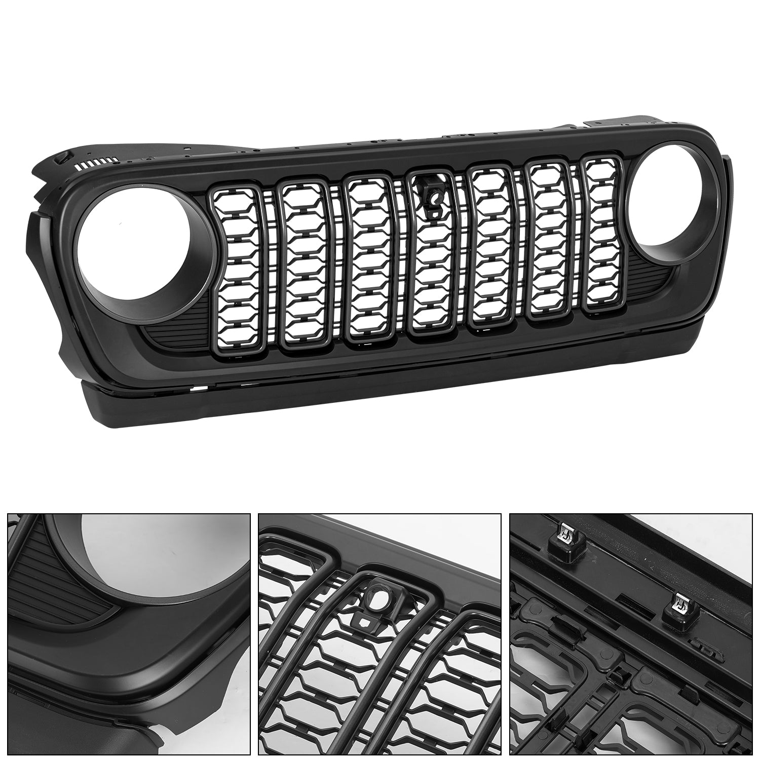 Custom Fit ABS Front Grille with Camera Opening for 2018–2026 Wrangler JL/JLU, 4xe & Gladiator JT – Aftermarket Replacement