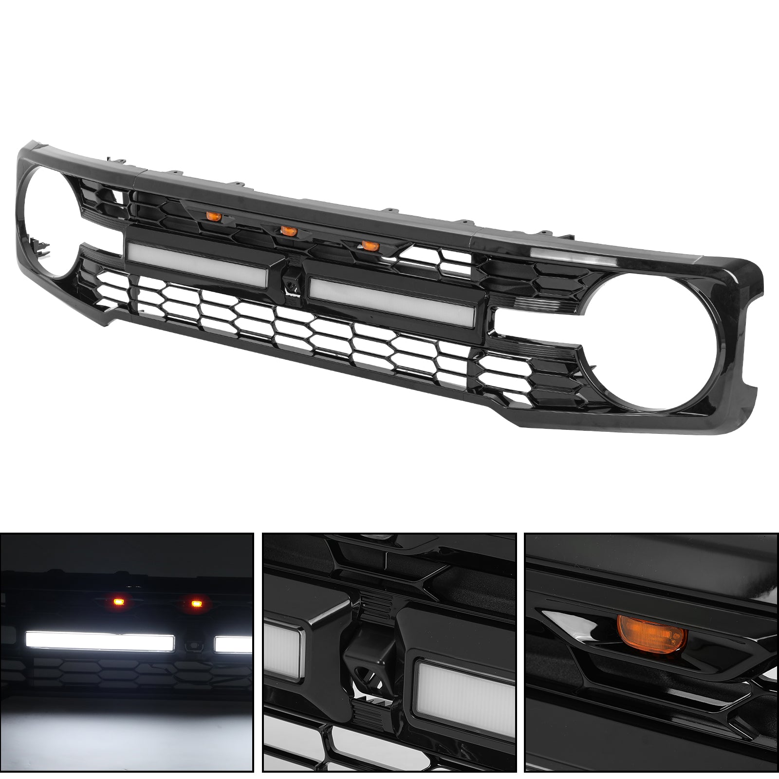 Gloss Black ABS Ford Bronco Grille with Letters, Amber Grille Lights & White DRL