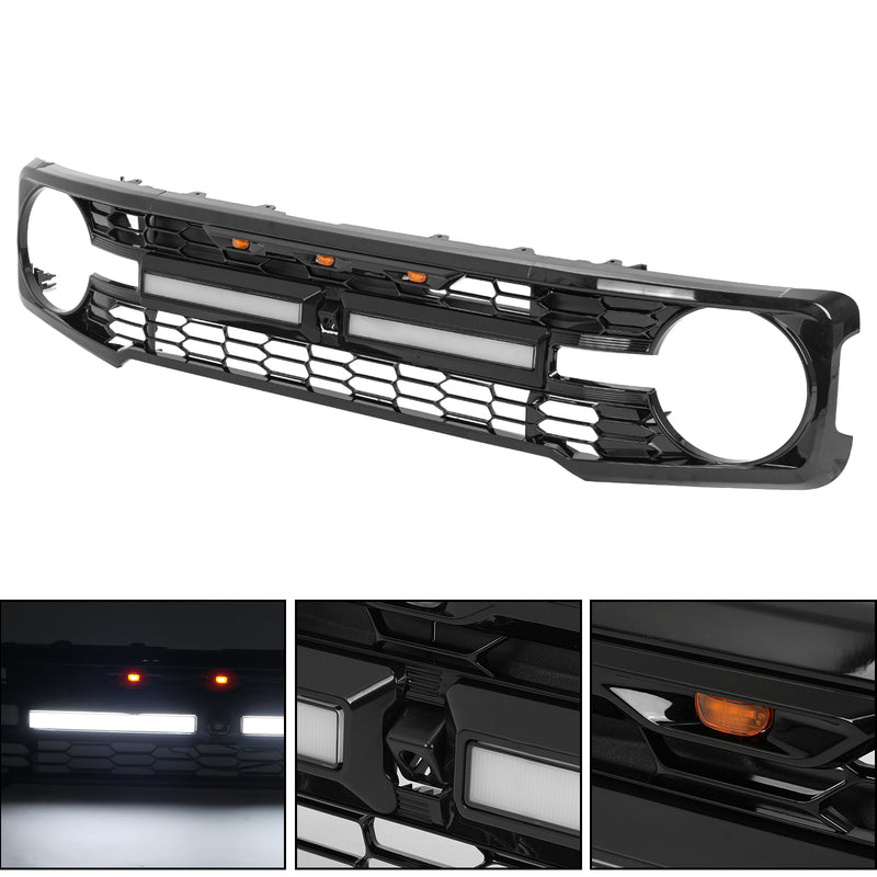 Gloss Black ABS Ford Bronco Grille with Letters, Amber Grille Lights & White DRL