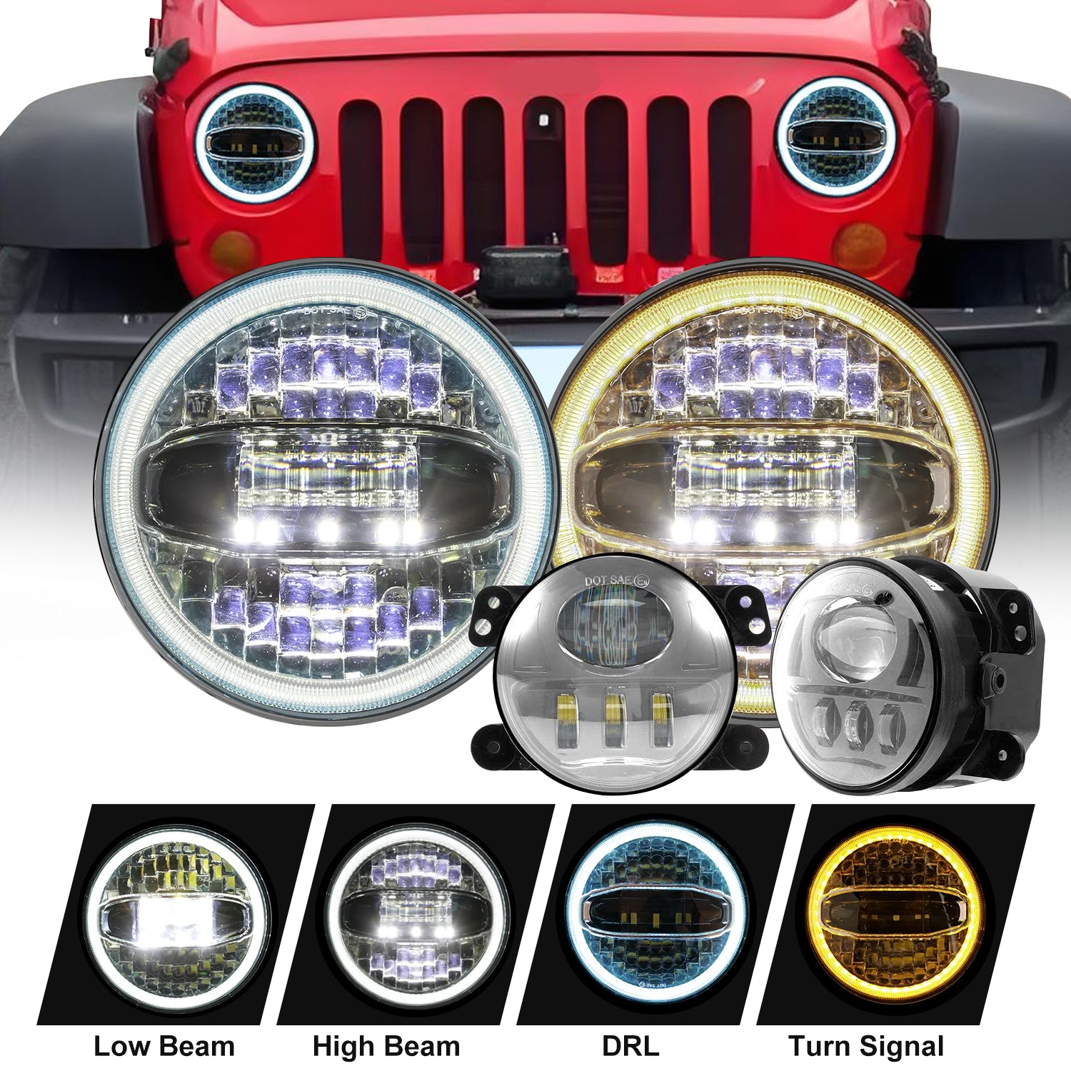 7" Halo LED Headlights & 4" Fog Lights 3D Lens with White DRL & Amber Turn Signal Combo Kit for 2007-2018 Jeep Wrangler JK JKU